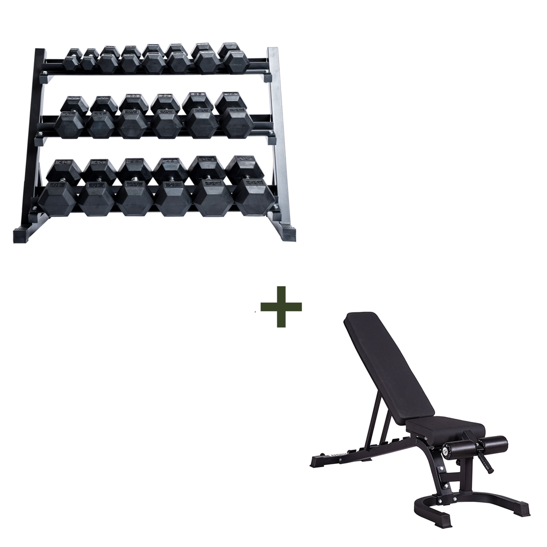 Orion Dumbbell Sets Rubber Hex Dumbbell Set + Rack and Bench | 5-50lb