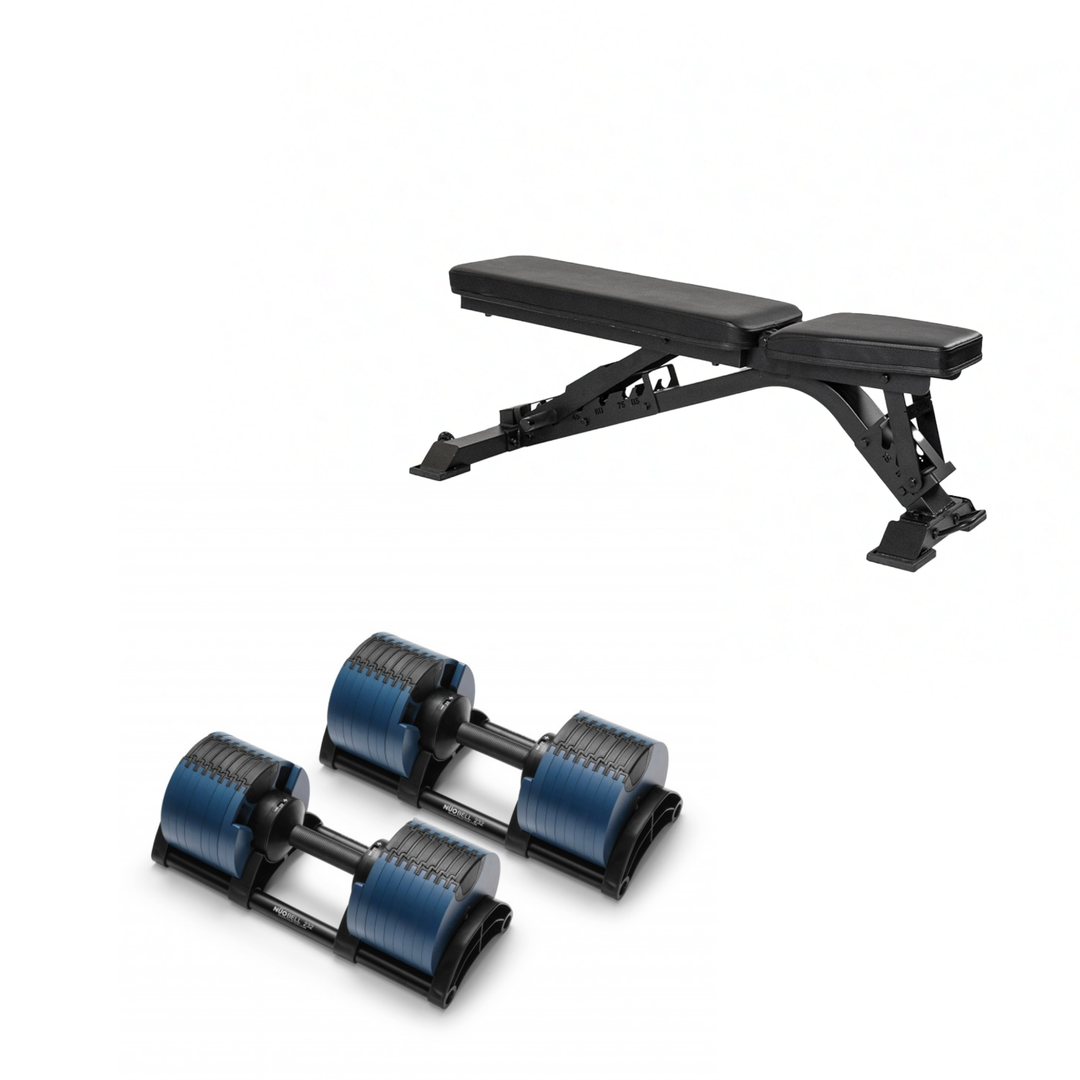 NÜOBELL Adjustable Dumbbells 550 + Bench / Blue + Black Adjustable Dumbbell Set + Elite FID 2.0 Bench Bundle
