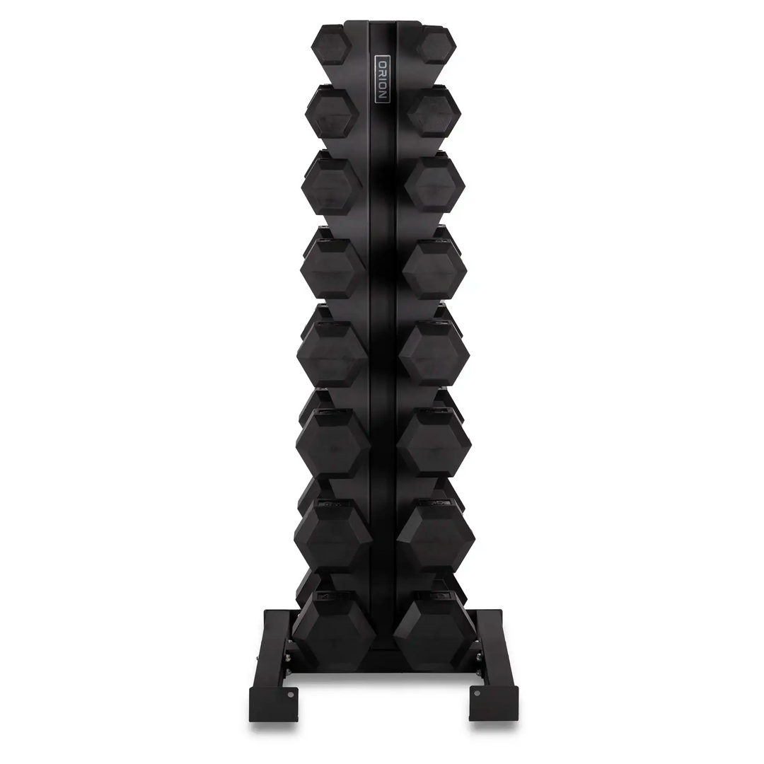 Orion Rubber Hex Dumbbell Set 8 Pair Rack 5 40lb Northern Fitness